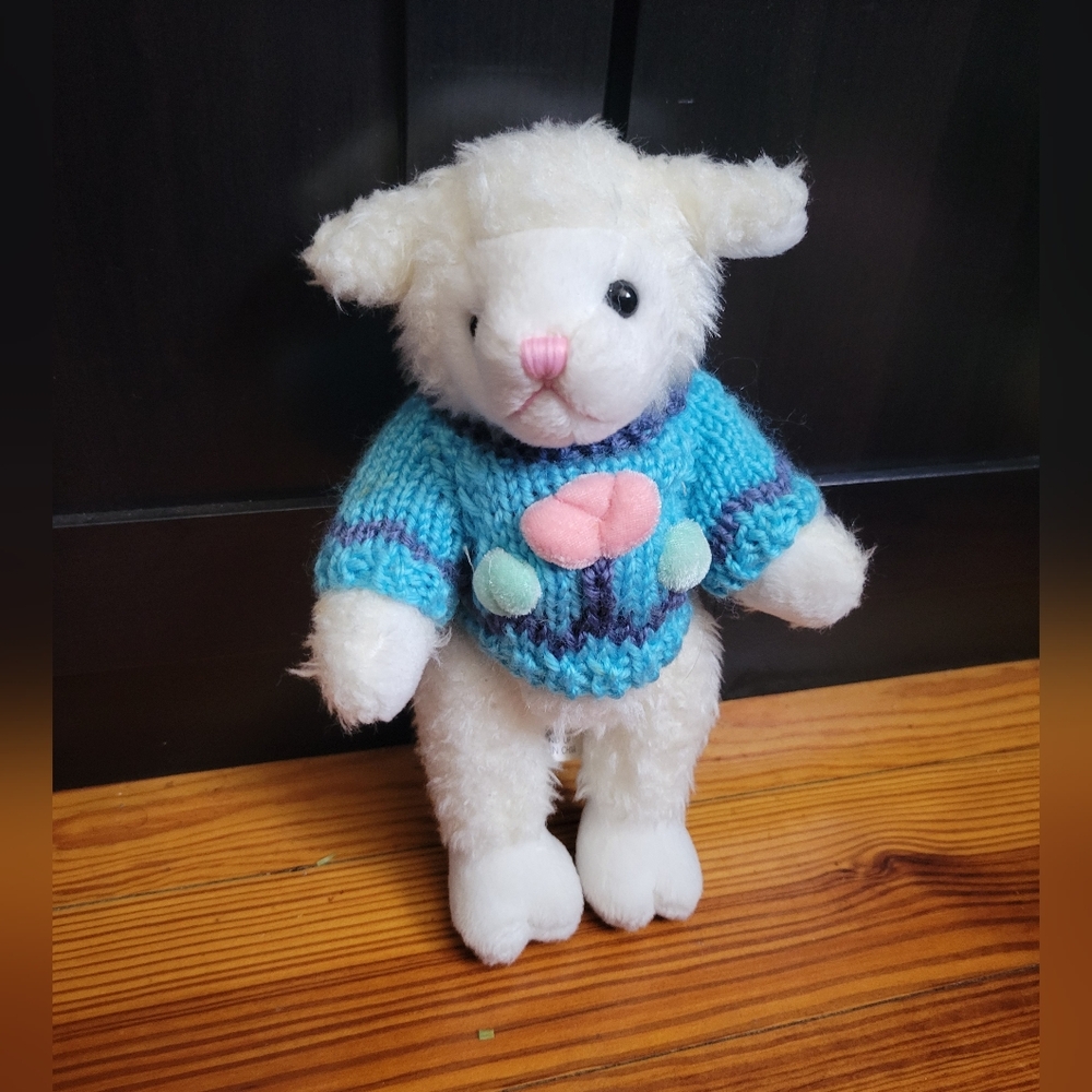 Vintage 1988 Chrisha Playful Plush Off White Lamb with Blue Sweater